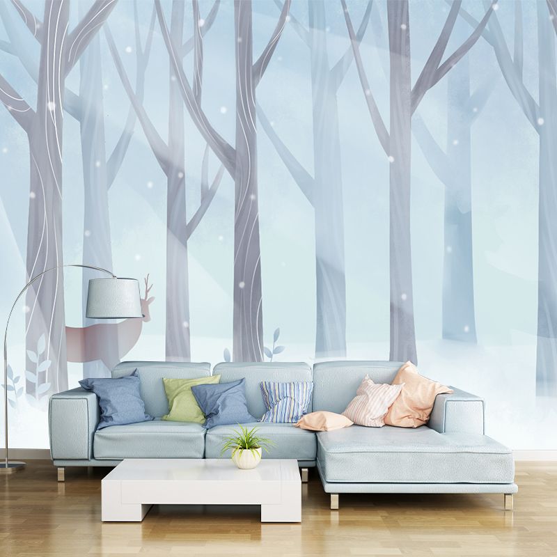 Deer in Snowing Forest Mural Childrens Art Smooth Surface Wall Decor in Blue and White