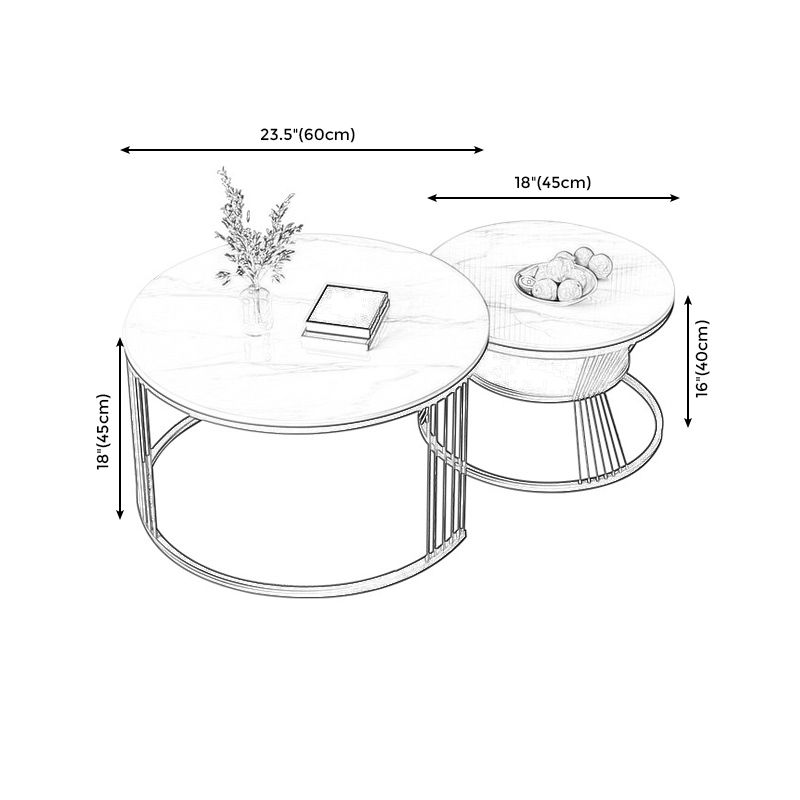 Round White Slate Coffee Table with Shelf Frame Base 2 Nestling Cocktail Table
