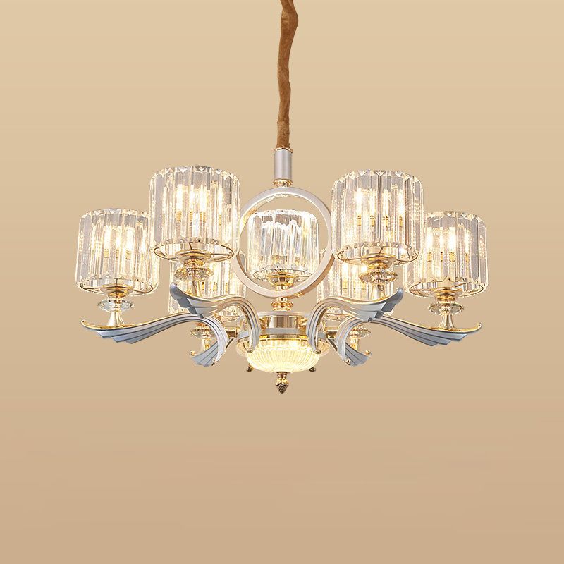 Crystal Block Cylinder Suspension Light Contemporary 6/8-Head Dining Room Chandelier in Silver