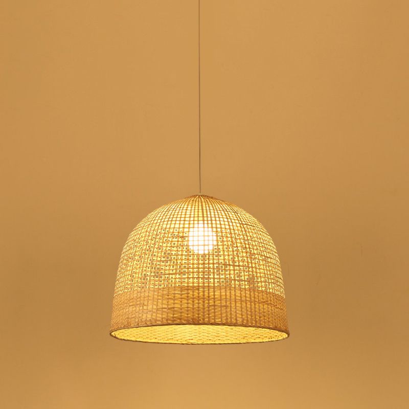 Beige Domed Pendant Lamp Japanese 1 Bulb Bamboo Hanging Ceiling Light for Teahouse