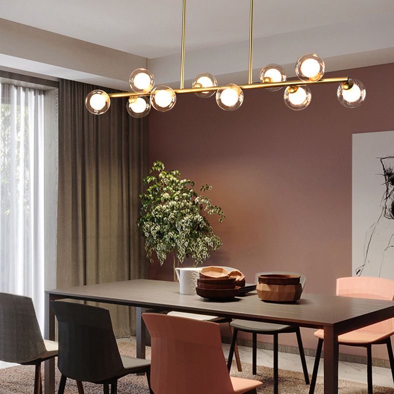 Modern Metal Ceiling Light Linear Shape Island Light with Glass Shade in Black and Gold