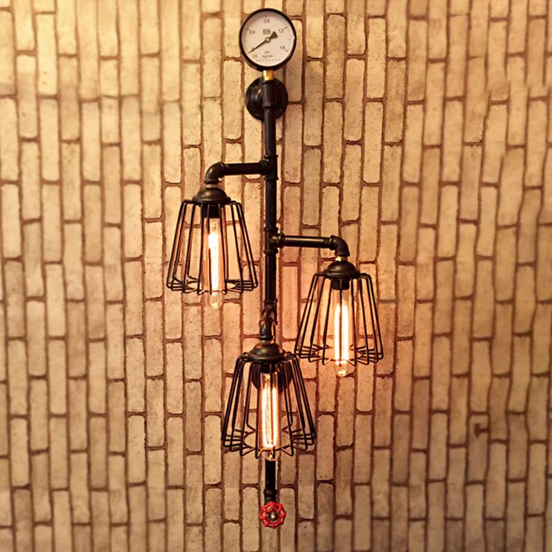 3 Lights Tapered Cage Wall Lamp with Pipe and Gauge Industrial Style Black Metal Wall Light Sconce for Restaurant