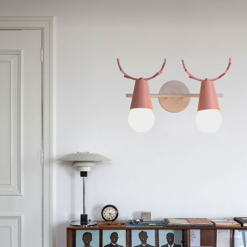 2 Heads Cone Wall Light with Antlers Contemporary Metal Wall Sconce for Study Room