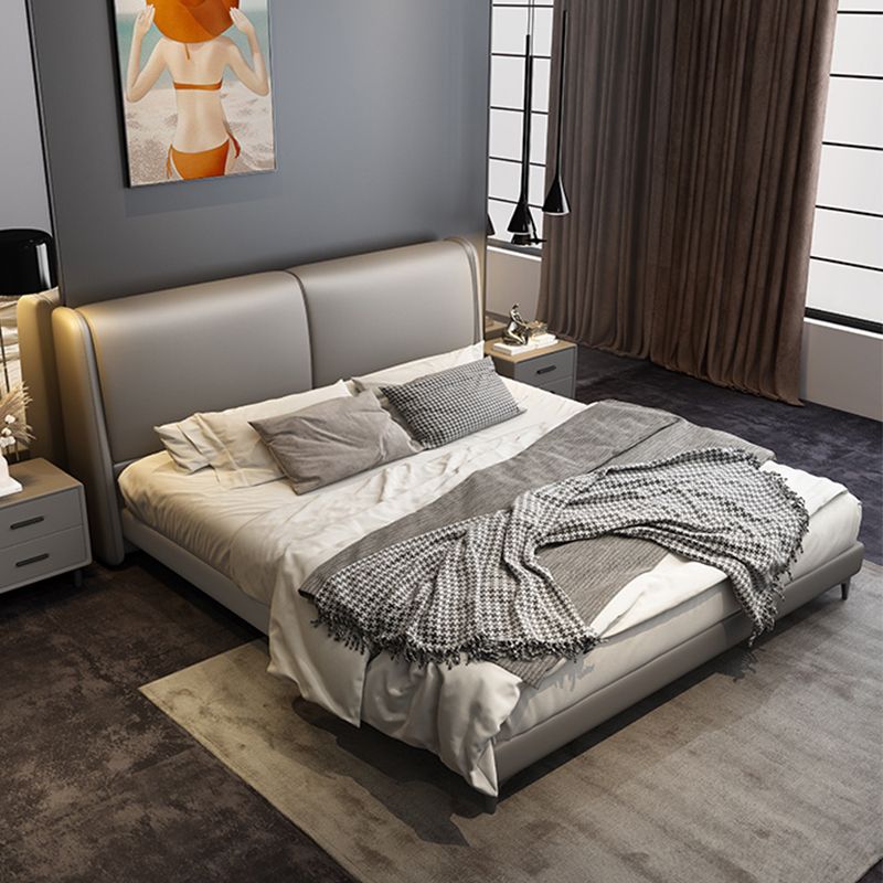 Modern Panel Bed with Upholstered Headboard Grey Solid Wood Bed Frame