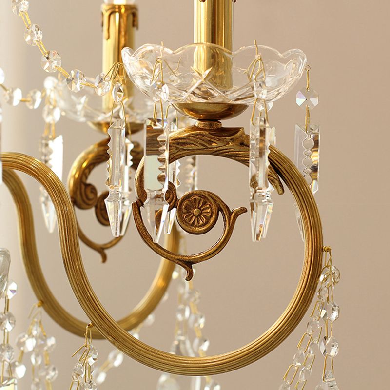 Gold Retro Rustic Style Crystal Large Chandelier Full Brass Candlestick Design Elegant Lighting Fixture for Living Room