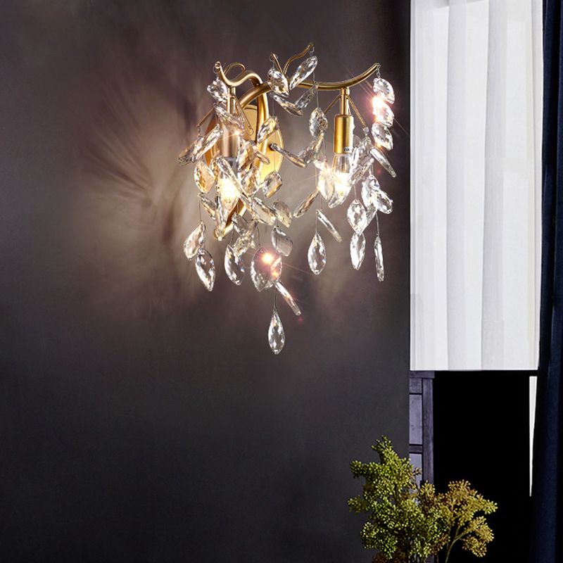 Gold Metal Modern Wall Sconce Geometric Shape Wall Light with Crystal Shade for Bedroom
