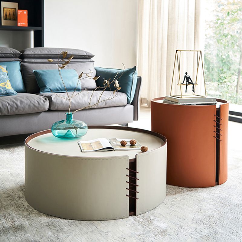 Round White Coffee Table Leather Drum 1 Single Cocktail Table