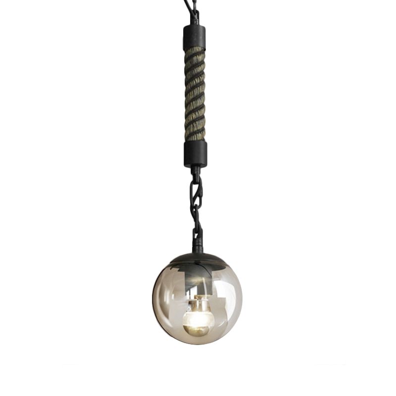 1 Light Tan Glass Pendant Light Lodge Stylish Black Finish Ball Restaurant Hanging Light with Rope