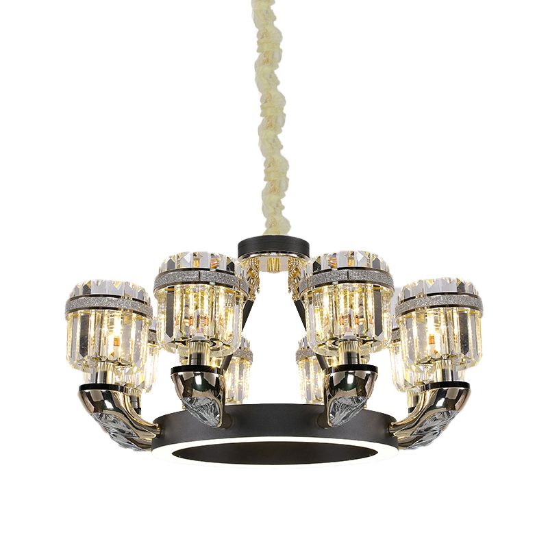 Beveled Crystal Cylinder Chandelier Lighting Traditional 6/8 Lights Black LED Hanging Pendant for Bedroom