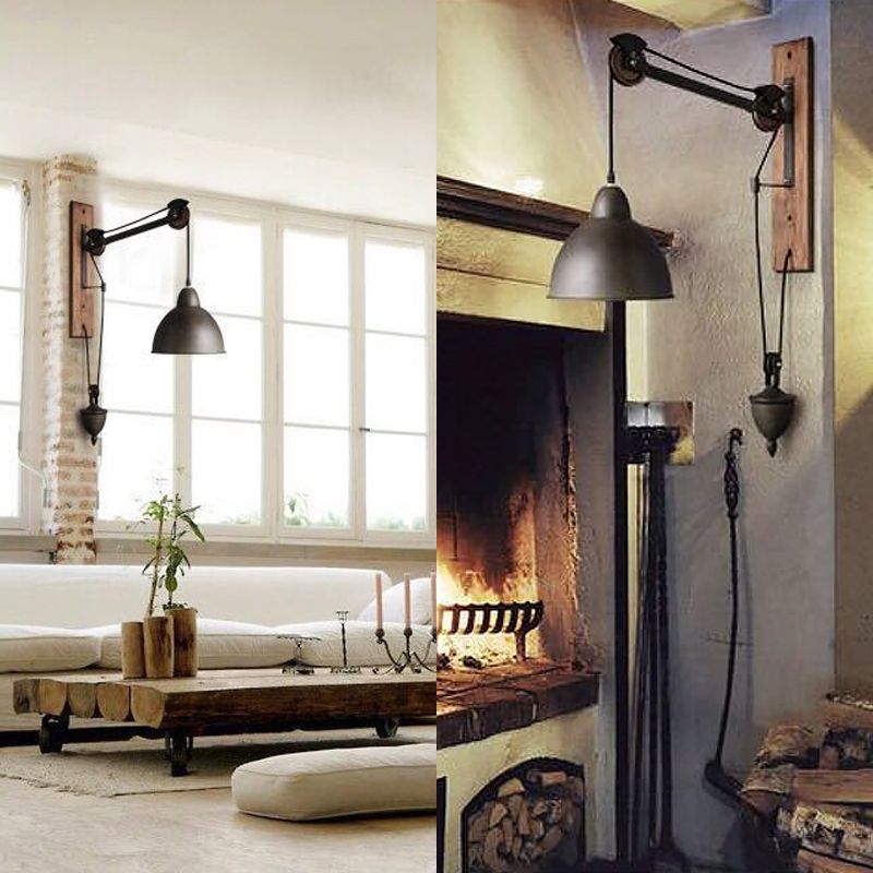Industrial Style Bowl Shade Lesen Wandlampe 1-Licht Metall Wandleuchte mit Riemenscheibe in Schwarz