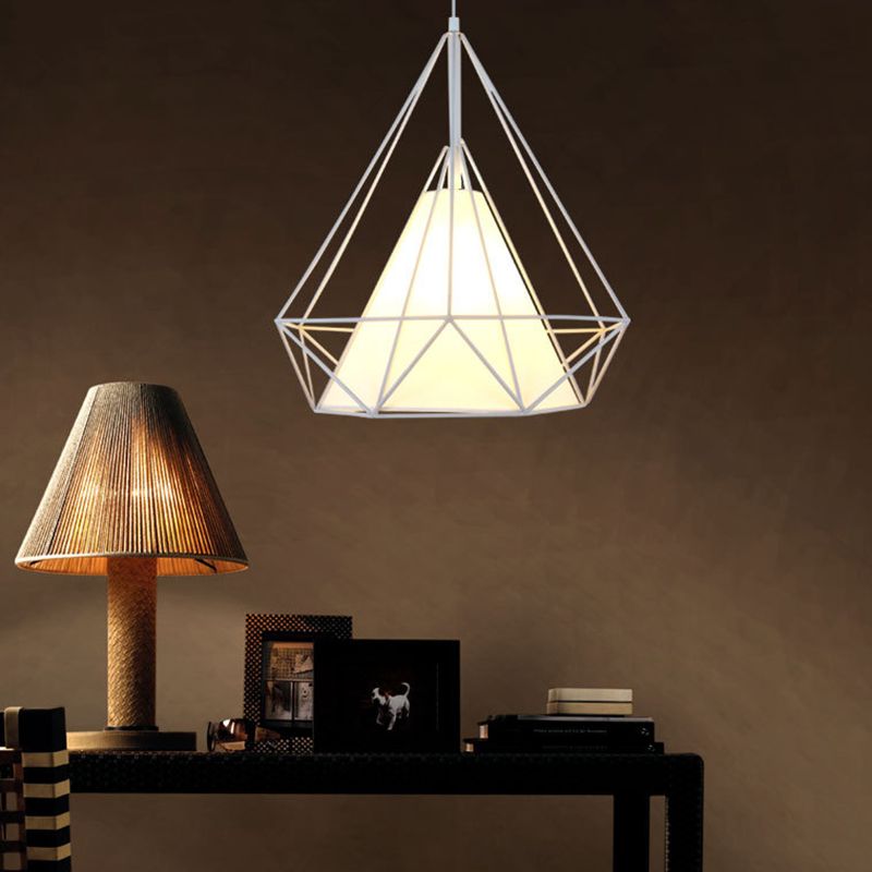 10/15/18" W 1 Bulb Diamond Cage Hanging Light Antique Style White/White and Brown Metal Ceiling Fixture with Fabric Shade