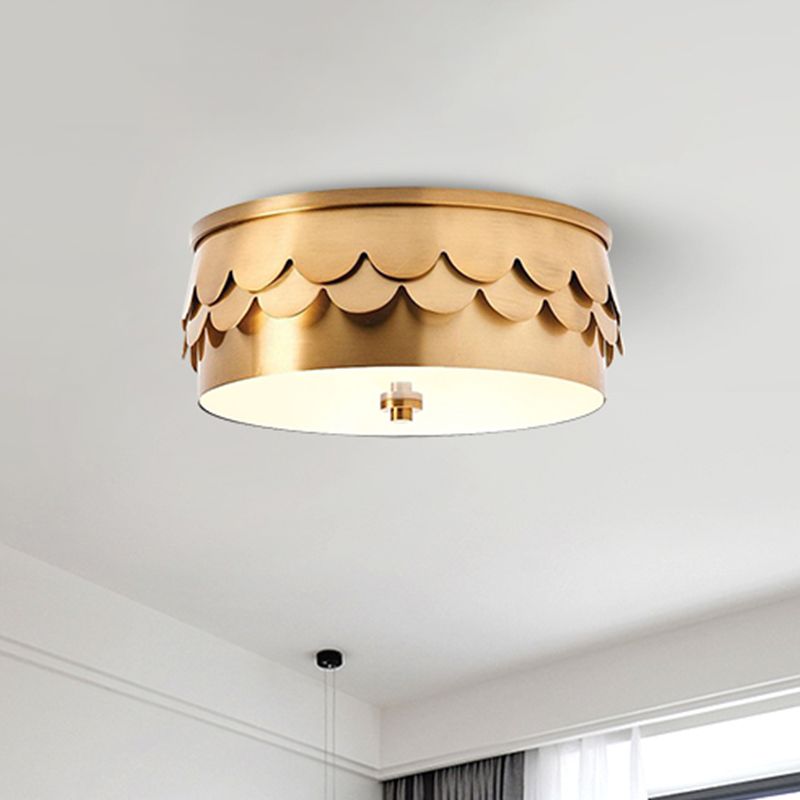 Drum Ceiling Mounted Light Postmodern Iron LED Bedroom Flush Mount Lamp in Gold with Ruffled Edge