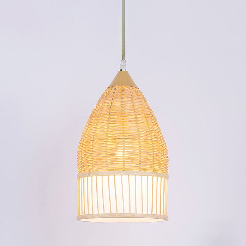1 Light Dining Room Pendant Lamp Asia Beige Ceiling Light with Elongated Bamboo Shade