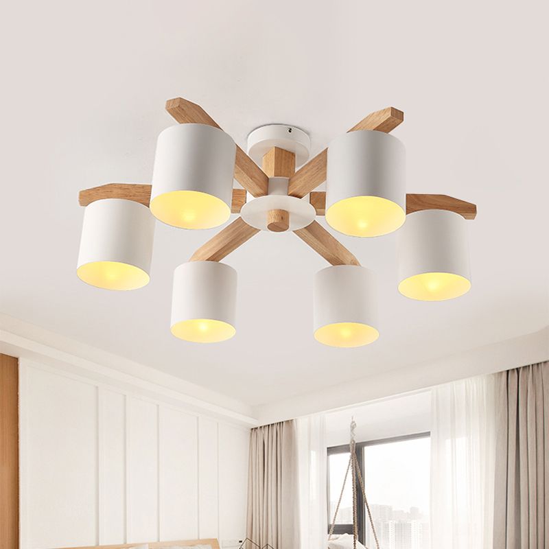 Lámpara de techo empotrada blanca nórdica de 5/6/8 luces Sputnik de madera con pantalla cilíndrica de metal
