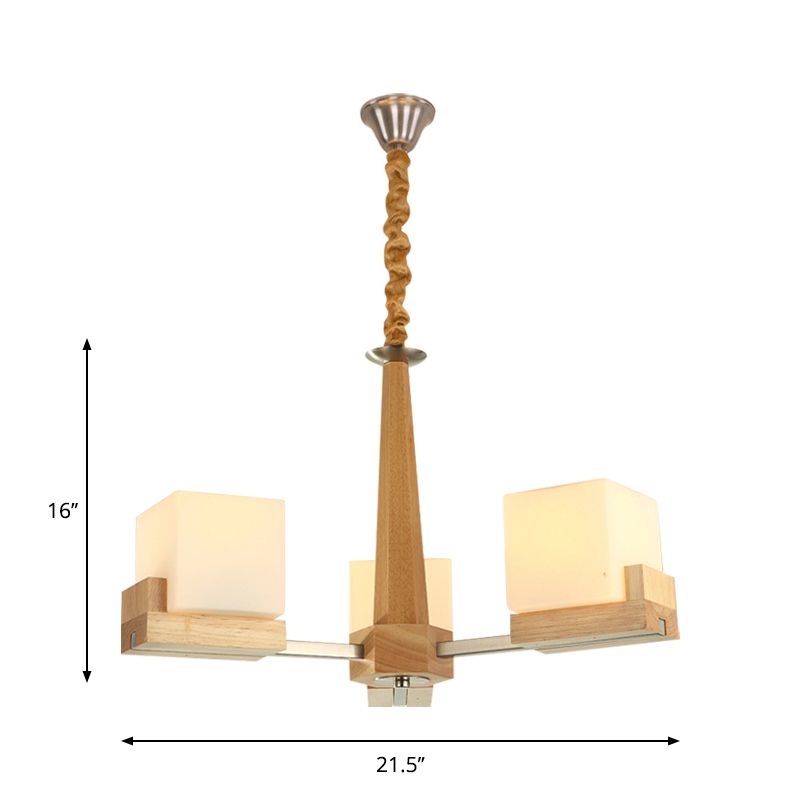 Glass Cube Ceiling Lamp 3/5/8 Heads Nordic Chandelier Lighting in Wood for Living Room