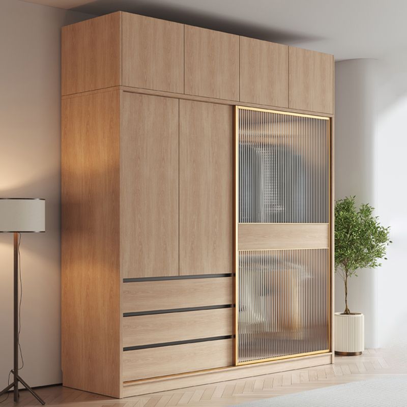 Contemporary Glass Sliding Doors Wardrobe Natural Wood Wardrobe with Drawers