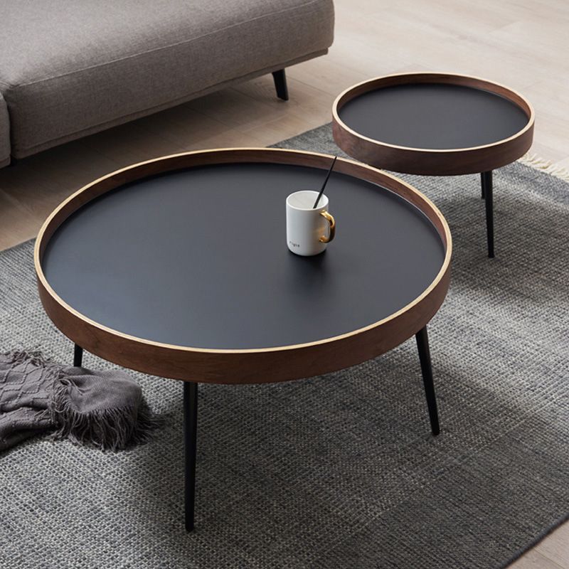 Round Wooden Coffee Table Black Tray Top Cocktail Table with 4 Legs