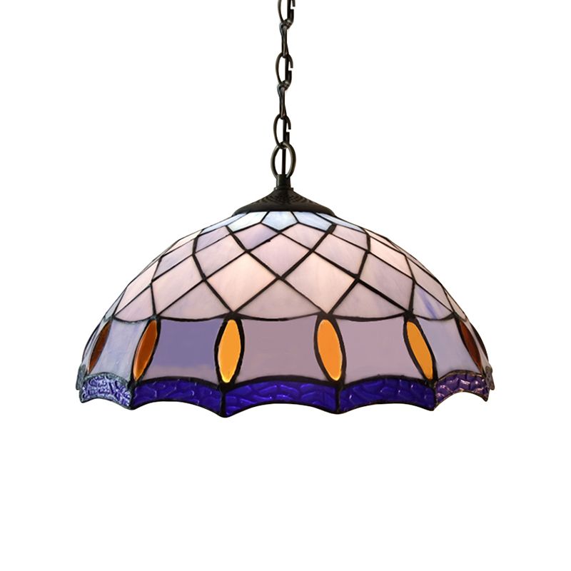 1 Bulb Ceiling Pendant Light Tiffany-Style Domed Handcrafted Stained Glass Suspension Lighting in Purplish Blue