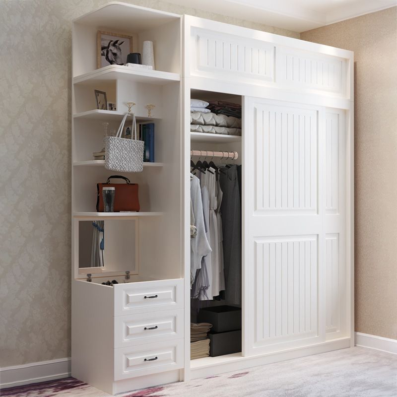 Modern White Wardrobe Armoire Engineered Wood Wardrobe Cabinet with Drawers
