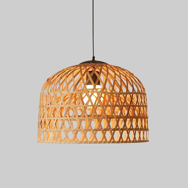 Asia 2-Layer Bowl Pendant Lighting Cross Woven Bamboo 1-Light Kitchen Ceiling Lamp in Beige
