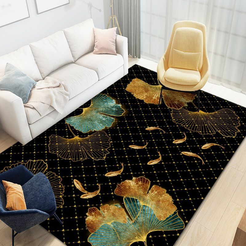 Black Plant Pattern Rug Modern Polyester Area Carpet Stain Resistant Area Rug for Home Decor