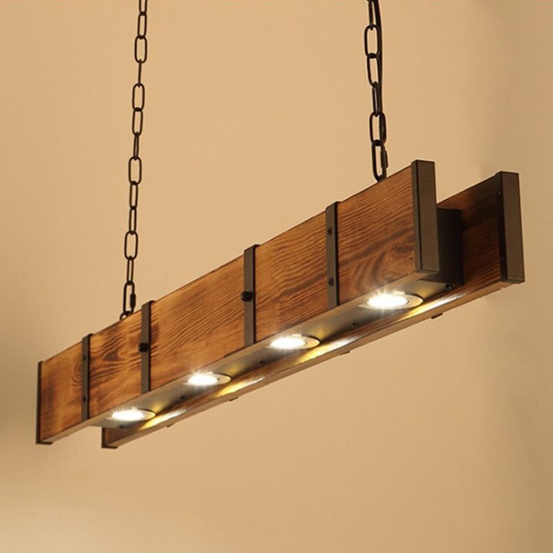 Rectangular Wooden LED Island Pendant Light in Industrial Vintage Style Wrought Iron Ceiling Light in Log Color