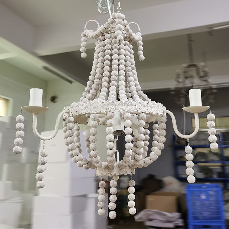Distressed White Beaded Chandelier Country Style Wooden Living Room Pendant Light