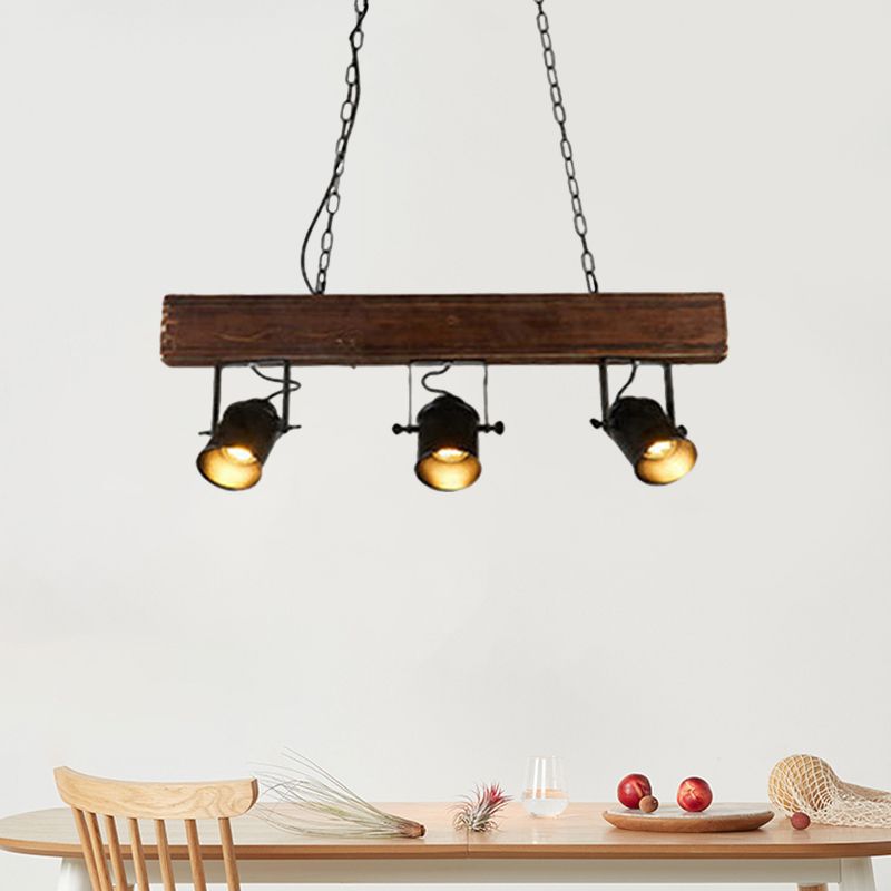 Barrel Shade Metal Island Pendant Light Vintage 3 Heads Restaurant Island Lighting with Linear Wooden Beam in Black