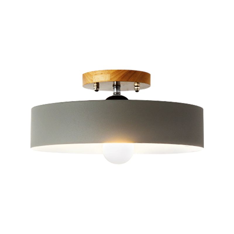 Drum Semi Mount Lighting Modernist Metal 1 Light 12" W Gray/White/Red/Pink Ceiling Mounted Fixture for Living Room