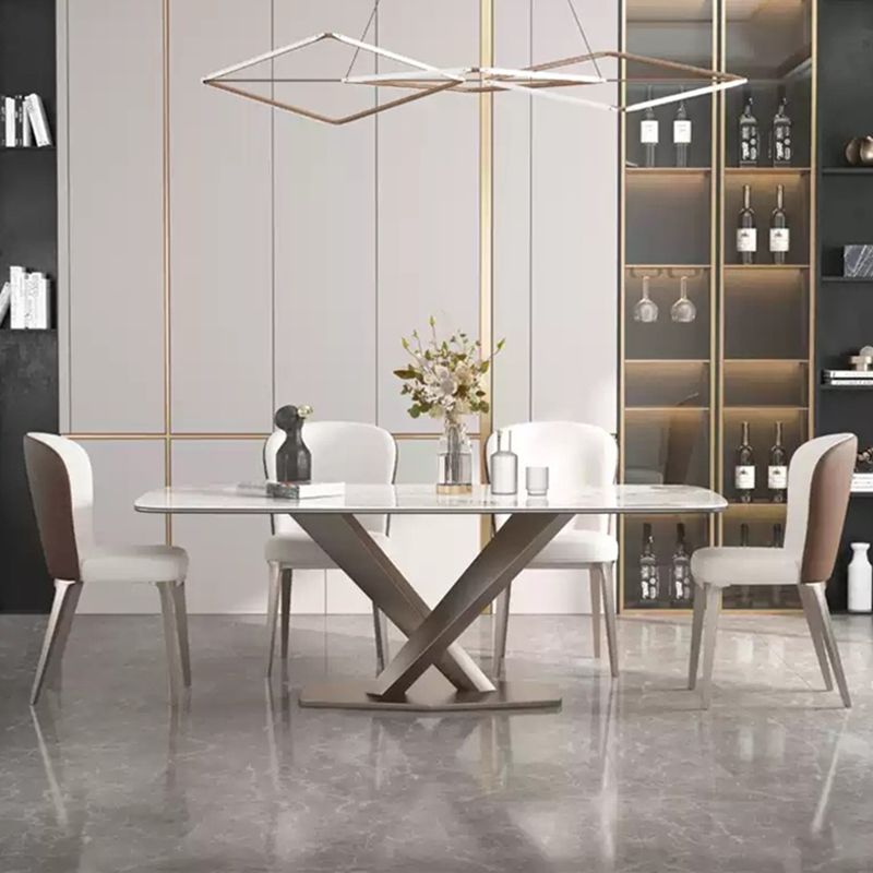 Mesa de comedor rectangular de lujo tradicional mesa de piedra sinterizada blanca con base de pedestal