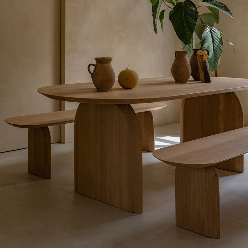 Pine Wood Top Dining Table Modern Oval Table with Sled Base in Brown