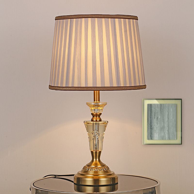 1 Light Night Table Light Countryside Pleated Shade Fabric Nightstand Lamp in Beige/Pink with Crystal Base