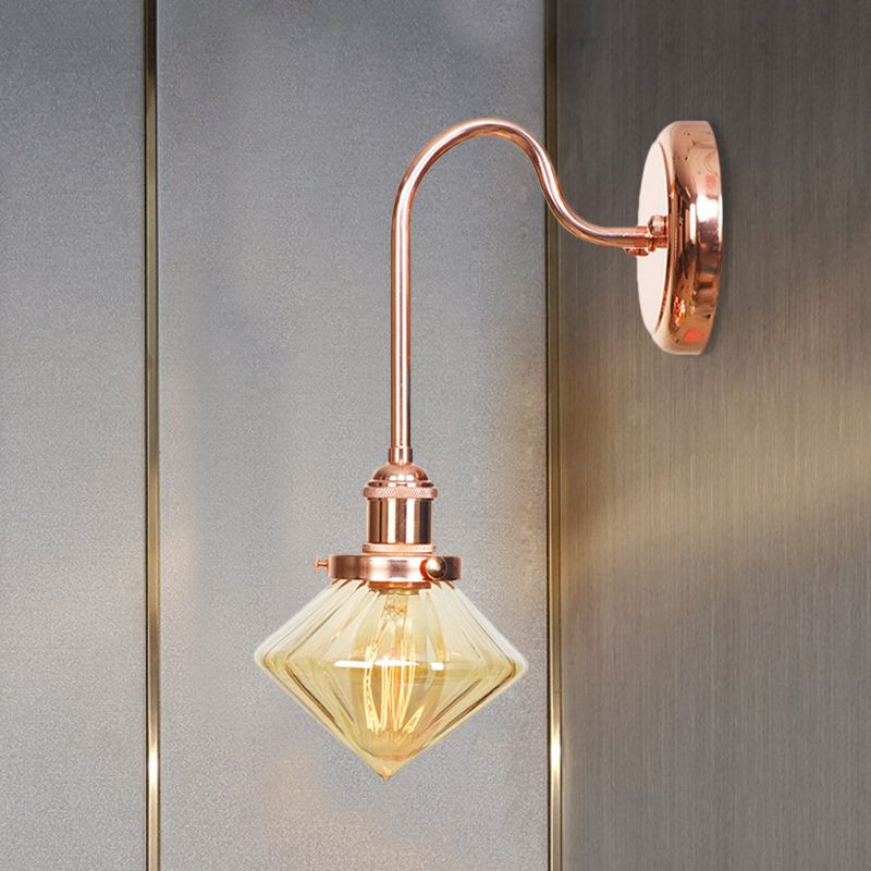 Clear/Amber Glass Copper Sconce Light Diamond 1 Light Farmhouse Wall Lighting Fixture for Bedroom