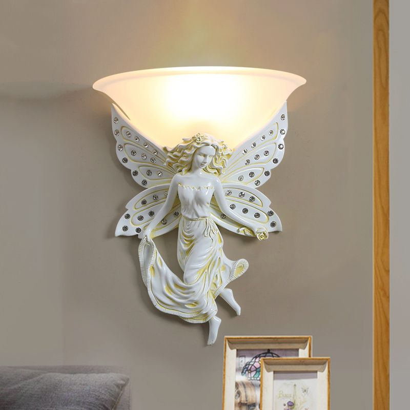1 Light Wall Lighting Ideas Country Half-Bowl Opal Glass Wall Sconce in White/Gold with Right/Left Resin Angel