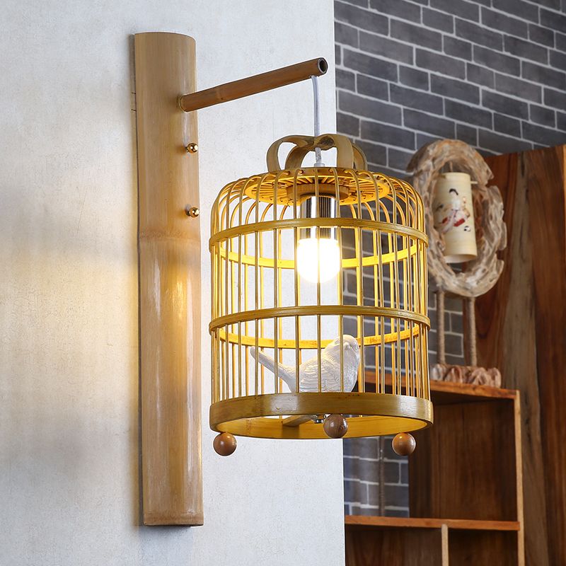 Wood Cage Sconce Lamp Asian 1 Bulb Bamboo Wall Mount Light Fixture with White Bird Deco