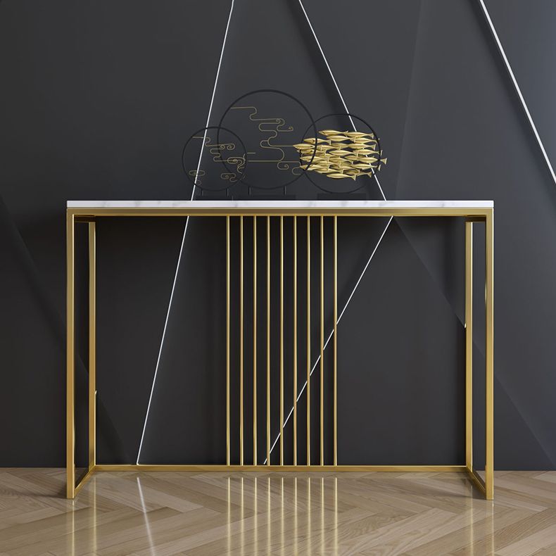Iron Trestle Base Console Table with Rectangle Stone Top Accent Table