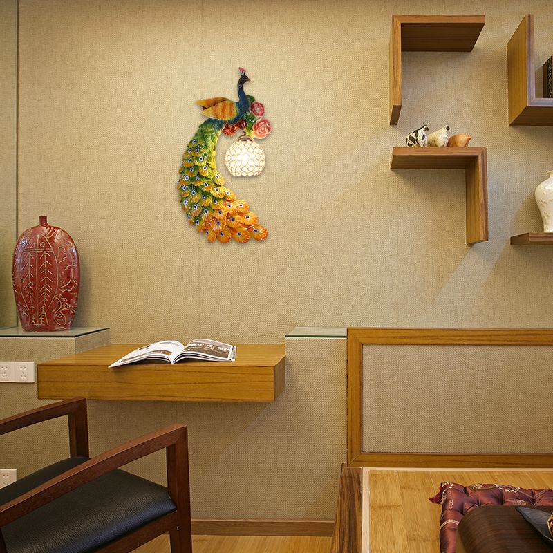 1/2-Pack Blue/Green Peacock Wall Light Fixture 8"/10" Wide 1 Head Retro Style Resin Wall Lamp with Crystal Global Shade, Left/Right