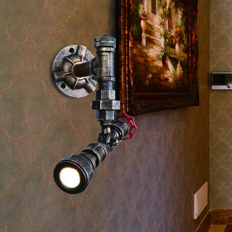 1/2-Bulb Sconce Light Fixture Farmhouse Water Pipe Iron Wall Lamp in Bronze with Red Valve Deco