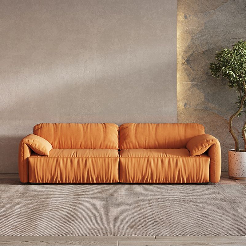 Contemporary Pillow Top Arm Settee Orange Faux Leather Sofa for Living Room