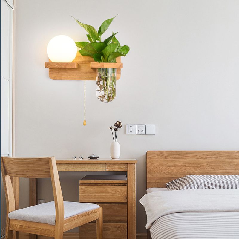 Modern Style Ball Shade Wall Light Wood 1 Light Sconces for Bedroom without Plant