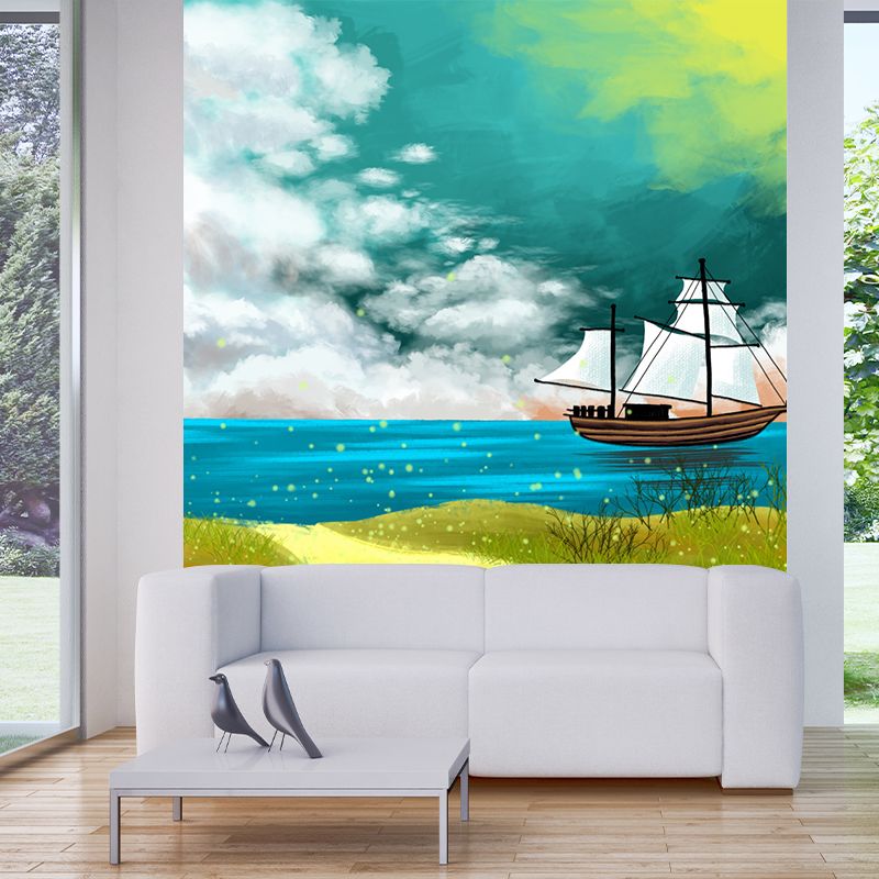 Kids Sailing Ship Mural Wallpaper Yellow-Blue Spring Seaside Landscape Wall Art for Home