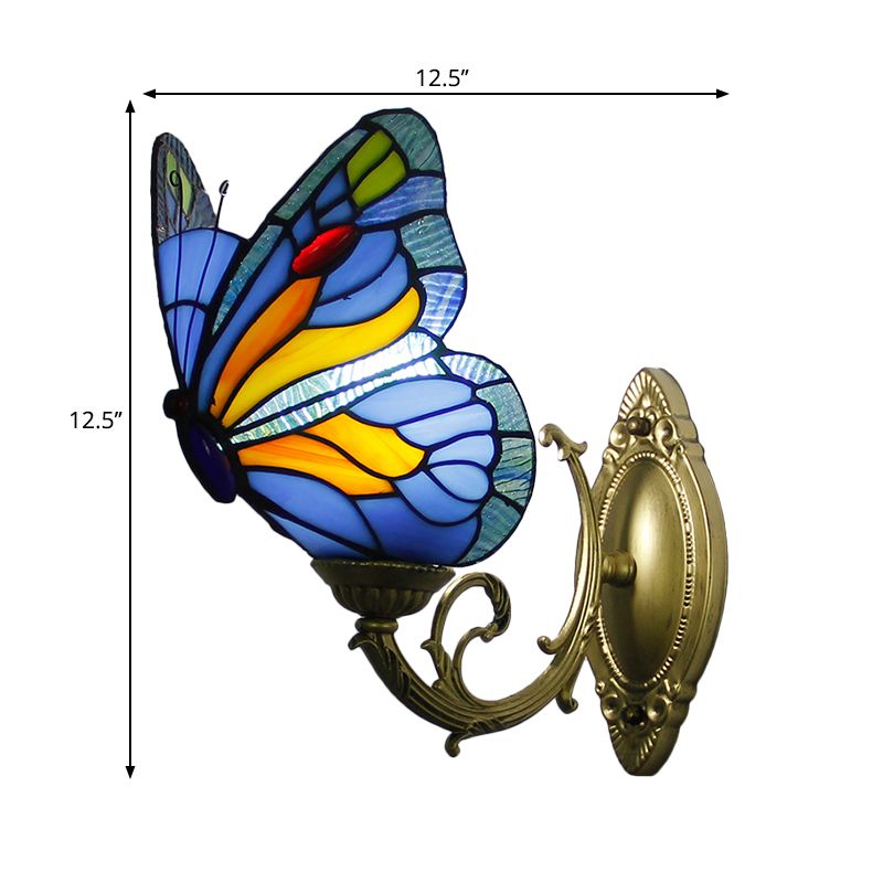 Curved Arm Stained Glass Wall Sconce Light Tiffany 1 Head Wall Mount Lamp with Geometry Shade