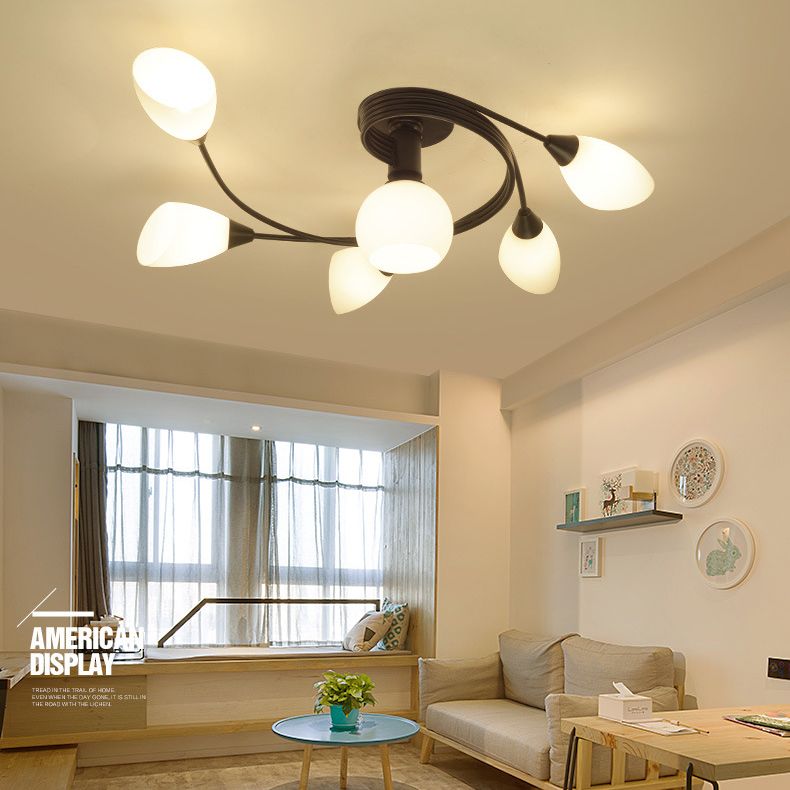 Black Radial Semi Flush Mount in Traditional Retro Style Wrought Iron Ceiling Light with Glass Shade