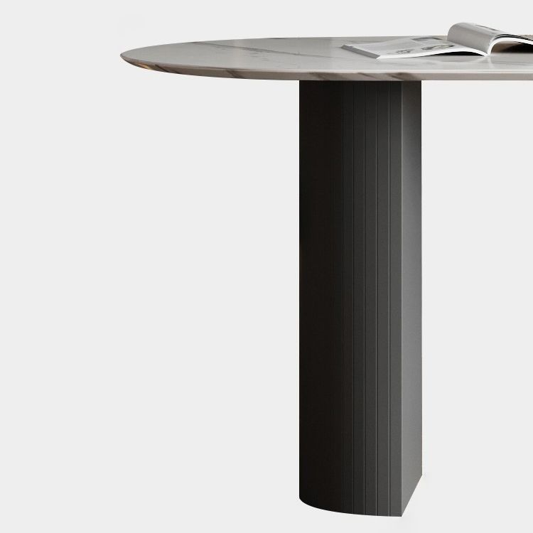 Metal Contemporary Oval Dining Table Sintered Stone Top Table with Double Pedestal Base