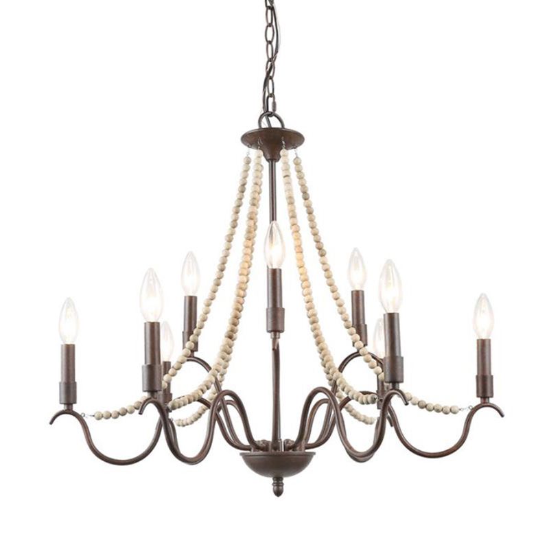 9-Light Suspension Light Retro Style Beaded Wood Chandelier Light with Metallic Candle in Rust