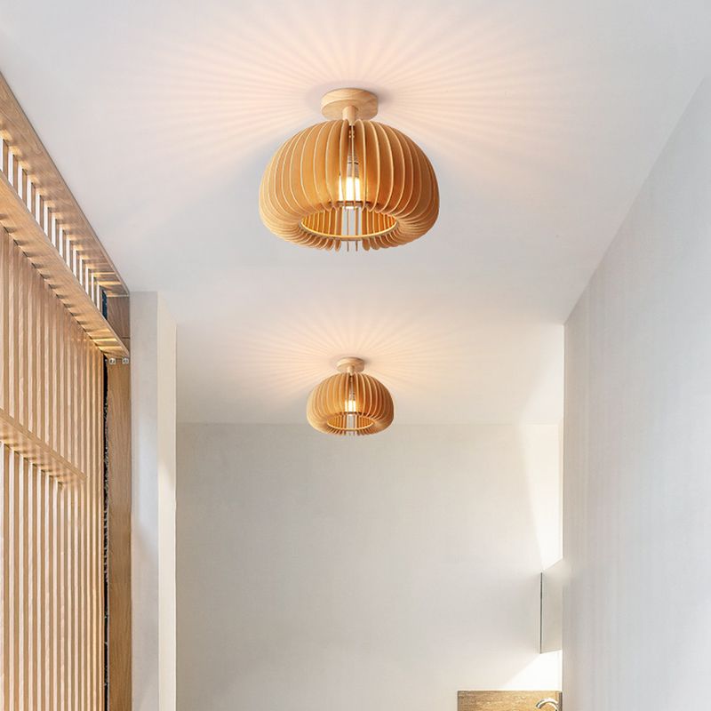 1-Light Ceiling Light Modern Ceiling Mount Light with Wood Shade for Living Room