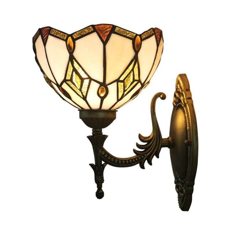 Baroque Flower Shaped Sconce Light 1 Head Beige Glass Wall Mount Lamp in Bronze for Bedroom
