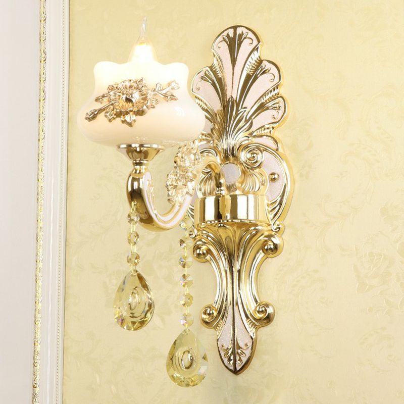 Classic Flower Wall Lamp Faux Jade Frosted Glass Wall Sconce with K9 Crystal Drops in Silver