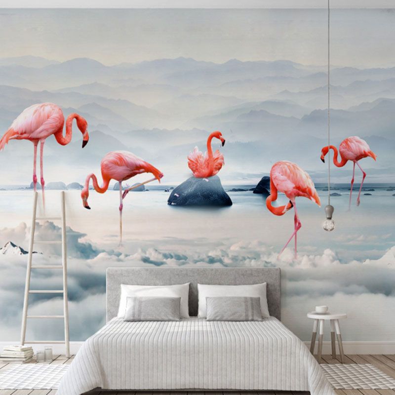 Illustration Flamingo Mural Wallpaper Whole Wall Art for Girl's Bedroom, Made to Measure