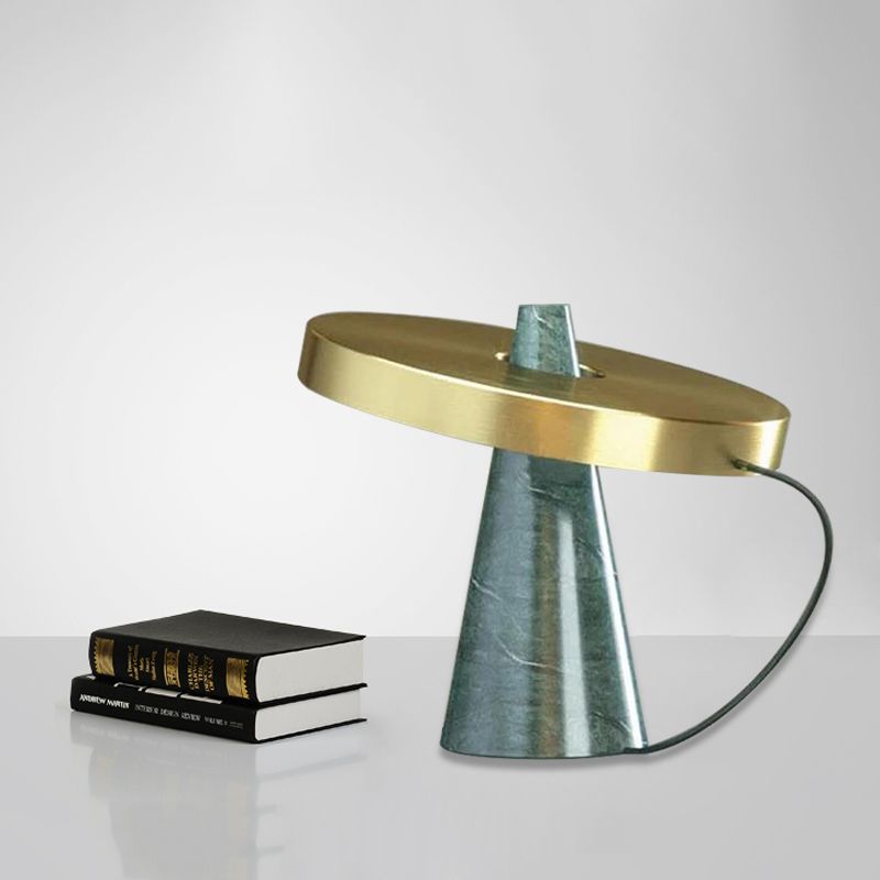 Metallic Round Panel Table Light Modern 1 Head Gold Finish Desk Lamp with Cone Aqua Marble Base